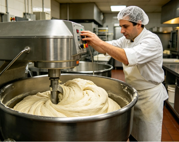 Chef operating an industrial food mixer for large batch dough
