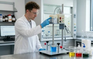 Engineer operating an easy-to-clean lab disperser for quick ink color changes