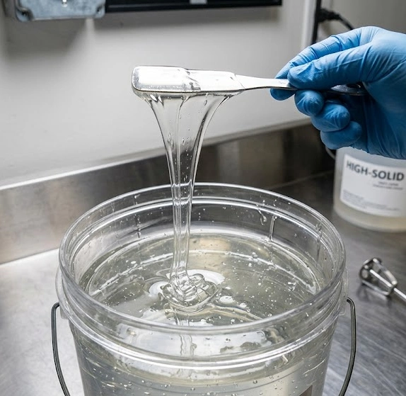 Technician testing high‑viscosity high‑solid transparent liquid mixed with Yaku high‑speed disperser, industrial fluid mixing application