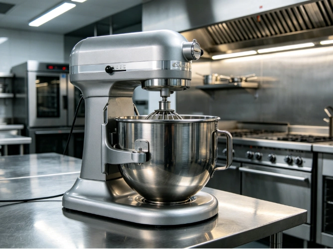 Large stainless steel industrial food mixer in a modern commercial kitchen