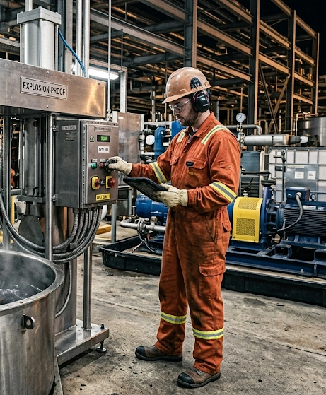 Industrial engineer operating a safe explosion-proof disperser in a hazardous chemical plant environment