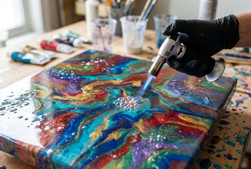 Using a butane torch to pop epoxy resin bubbles on the surface of a colorful art piece