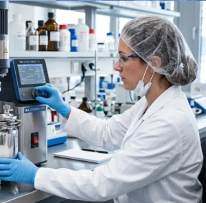 Lab technician adjusting Vacuum Lab Dispersers settings