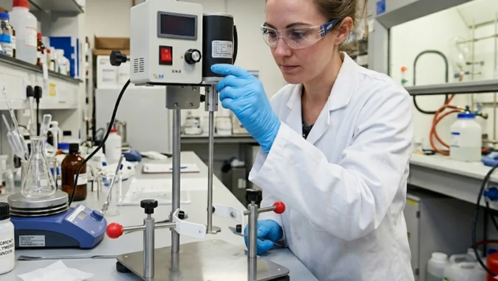 Adjusting a portable high speed disperser for lab use during a chemical formulation test