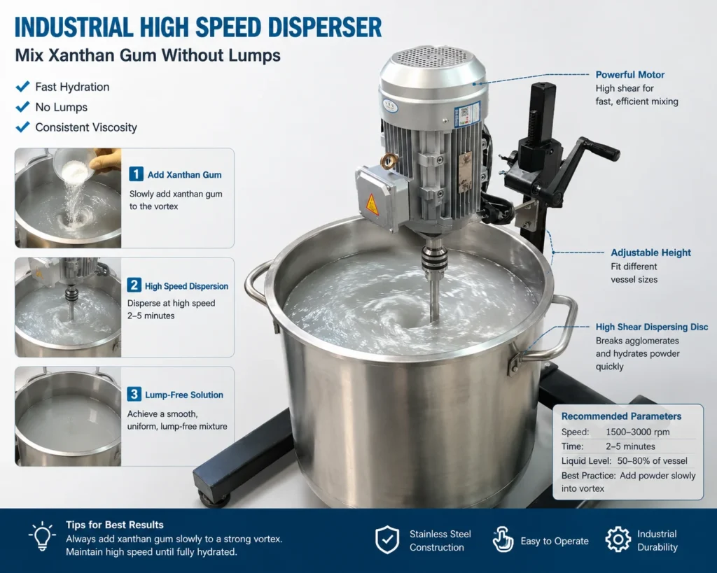 Industrial high speed disperser demonstrating how to mix xanthan gum without lumps in a stainless steel vessel
