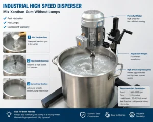 Industrial high speed disperser demonstrating how to mix xanthan gum without lumps in a stainless steel vessel