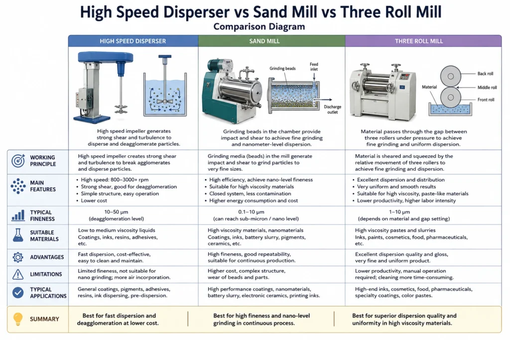 high speed disperser vs sand mill vs three roll mill comparison diagram