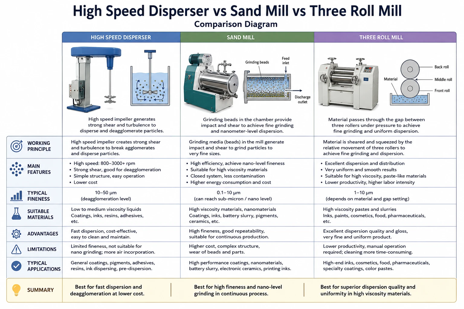 high speed disperser vs sand mill vs three roll mill comparison diagram