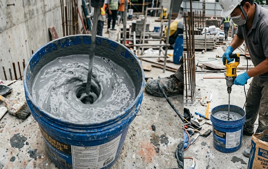 A construction worker wearing safety gear uses an electric mixer to blend grey waterproof coating inside a blue bucket.