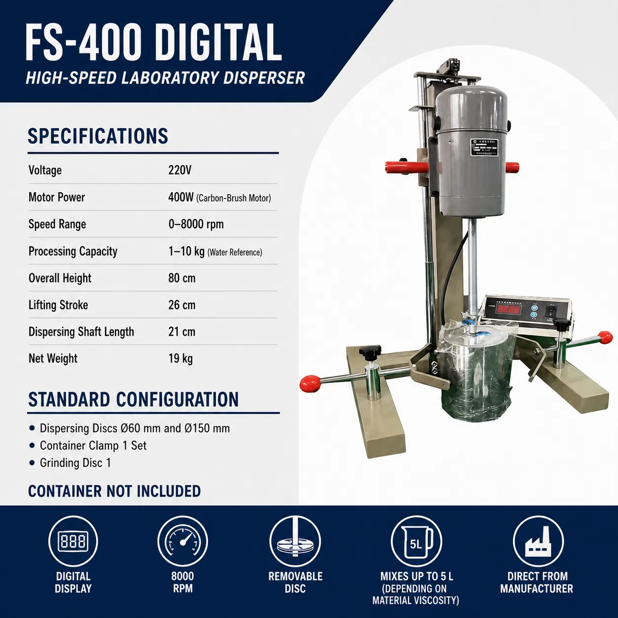 FS-400 digital laboratory disperser with 400W motor and 8000 rpm speed range