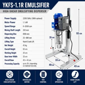 YKFS-1.1R 1.1 kW high-shear emulsifier mixer with VFD control, hand-crank lift and 80 mm mixing head